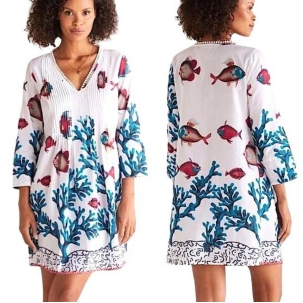 Soft Surroundings Beaded Tunic Cover-Up | Fish & Coral Print | Size S | 100%